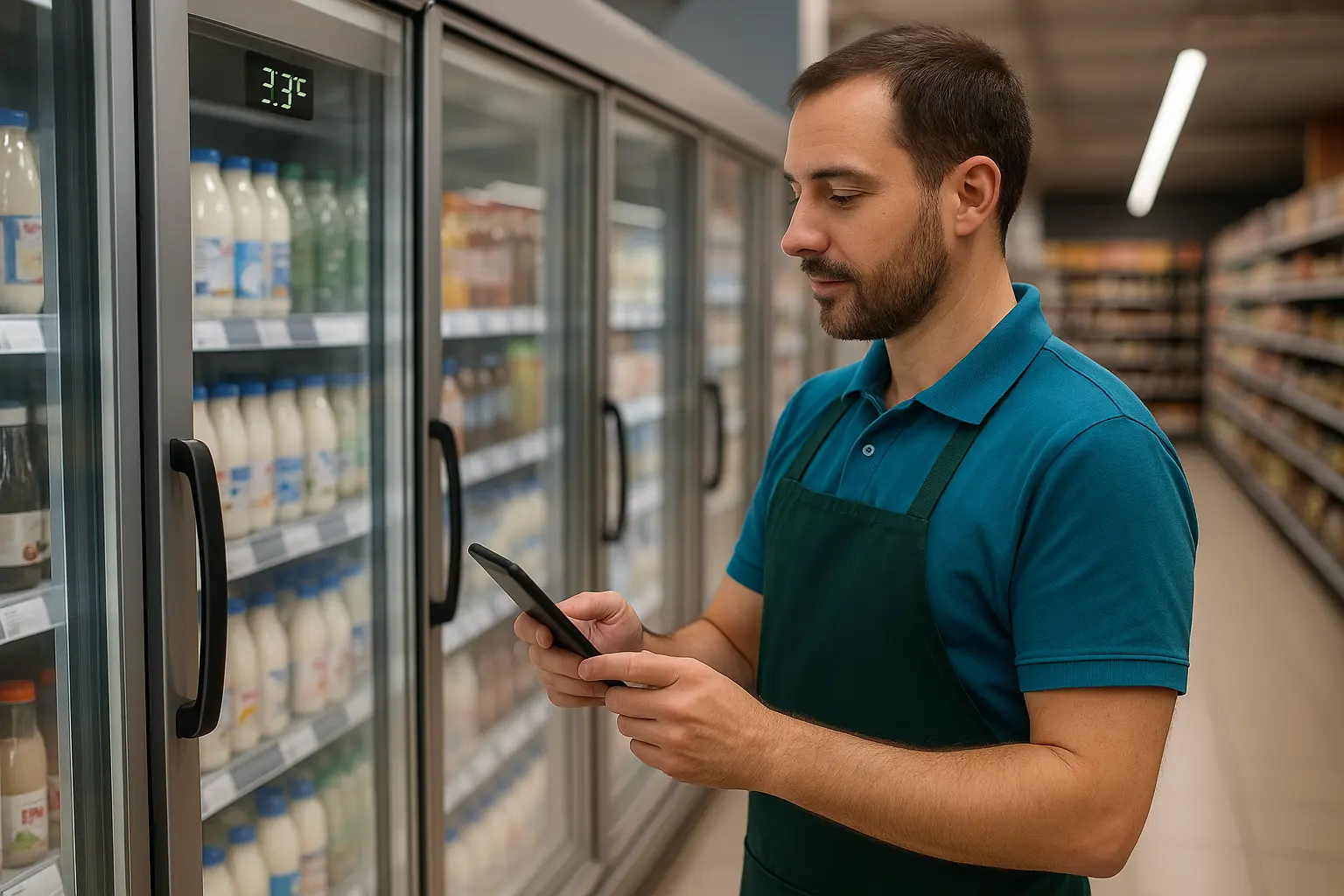Empleado en minimercado que toma medidas de la temperatura de la nevera para llevar un registro digital en la app de Limbit, un software para control de supermercados