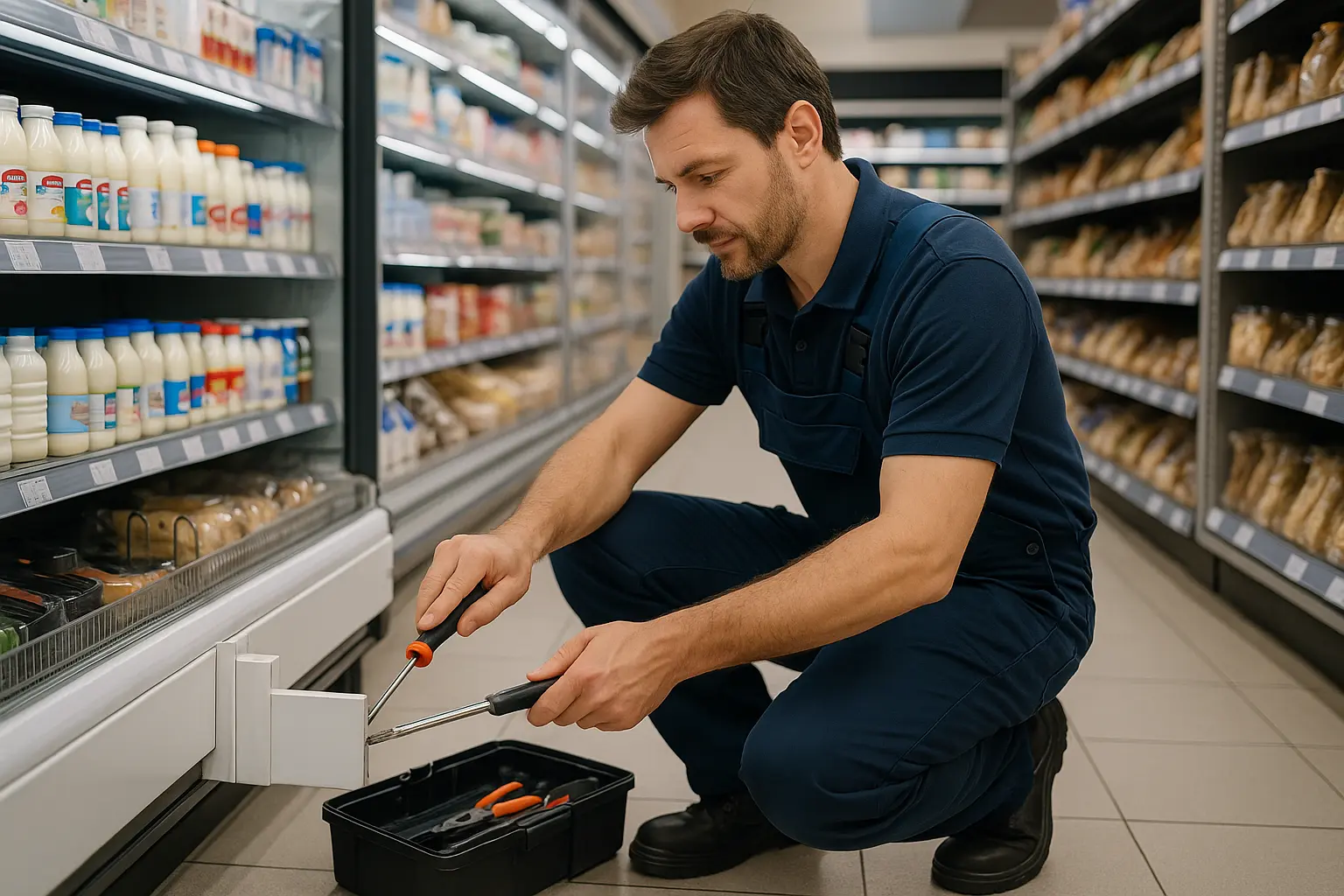Técnico realizando reparación de nevera en supermercado, acción que se podría controlar desde la plataforma de Limbit con evidencias