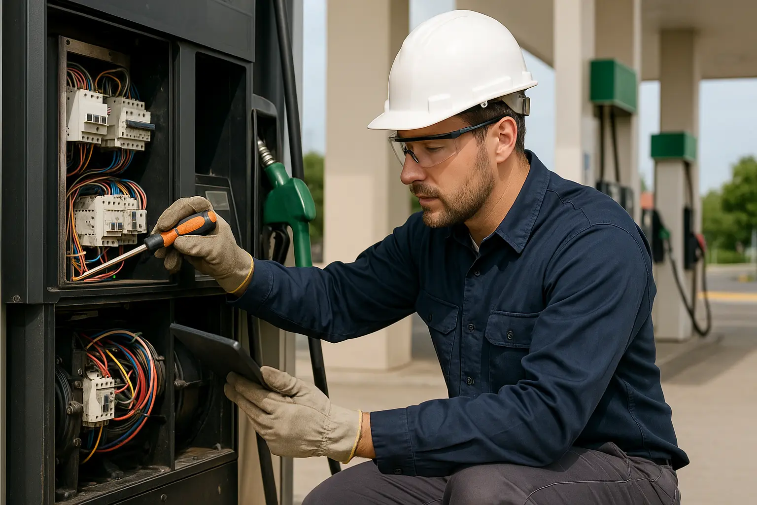 Un técnico reparando máquina en estacióin de servicio y registrando los datos en la app de Limbit con formularios de control digital