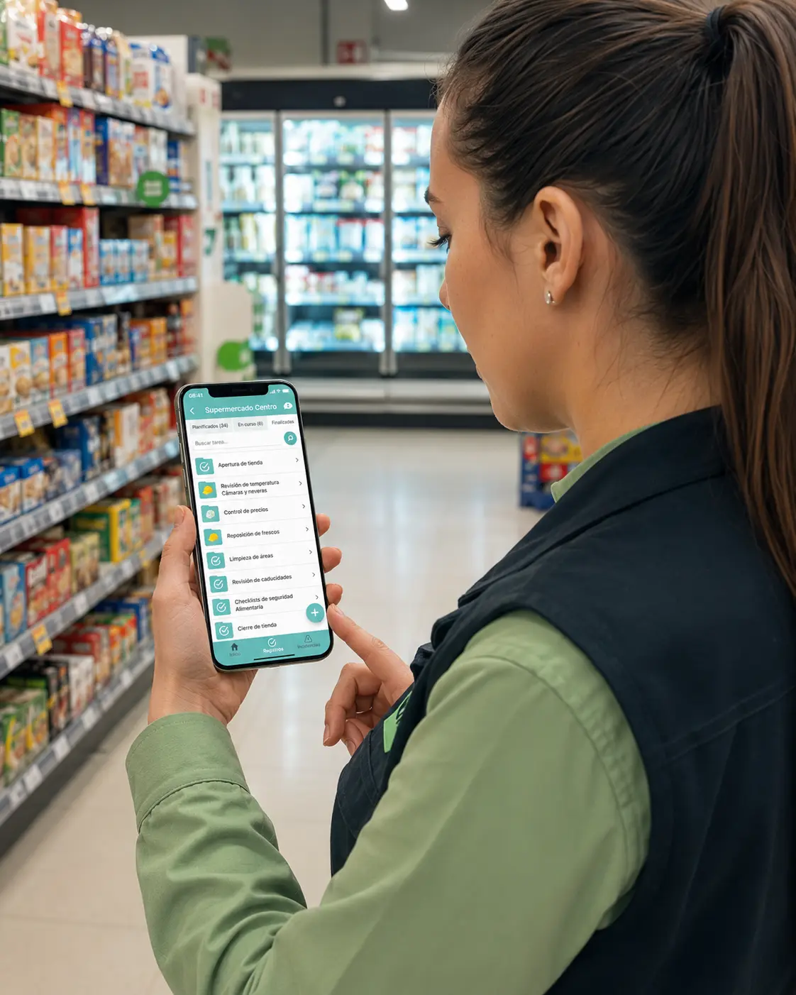 Operaria de supermercado llenando registros digitales en la app de Limbit