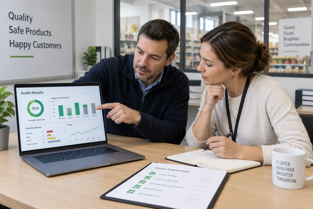Dos responsables de calidad revisan conjuntamente los resultados de una auditoría interna en un panel digital, comparando el nivel de cumplimiento, los hallazgos detectados y las áreas que requieren seguimiento.