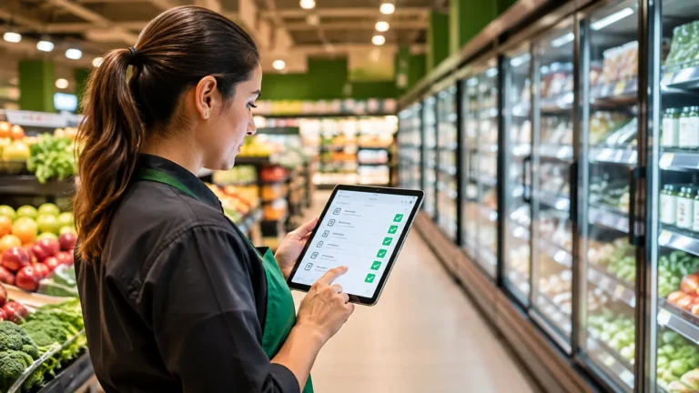 Empleado completa un checklist para supermercados y registra la temperatura de una vitrina refrigerada