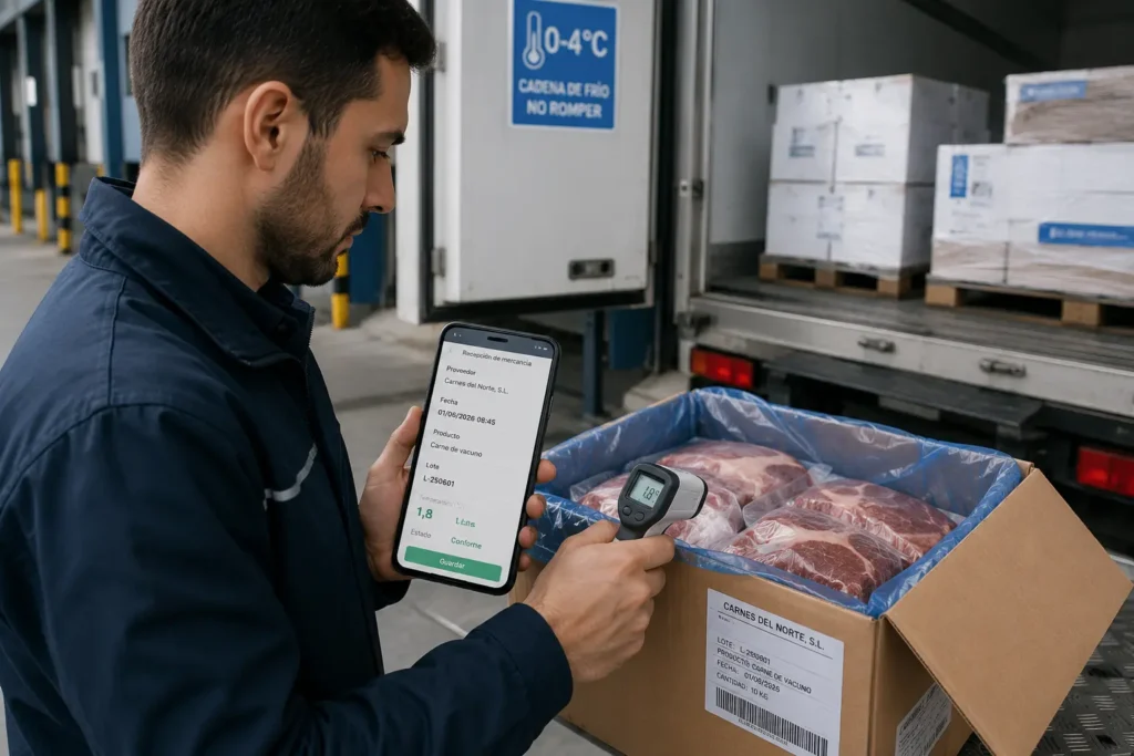 Empleado registra la temperatura durante la recepción de mercancía en un supermercado