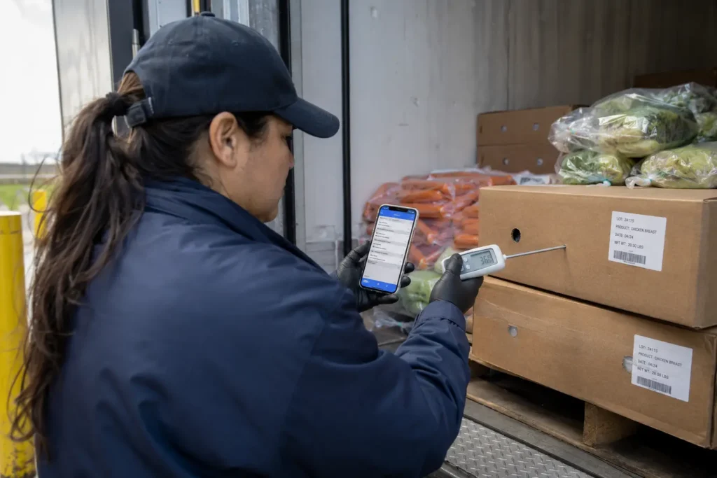 Empleado mide la temperatura de mercancía refrigerada y completa el registro de lote desde el móvil