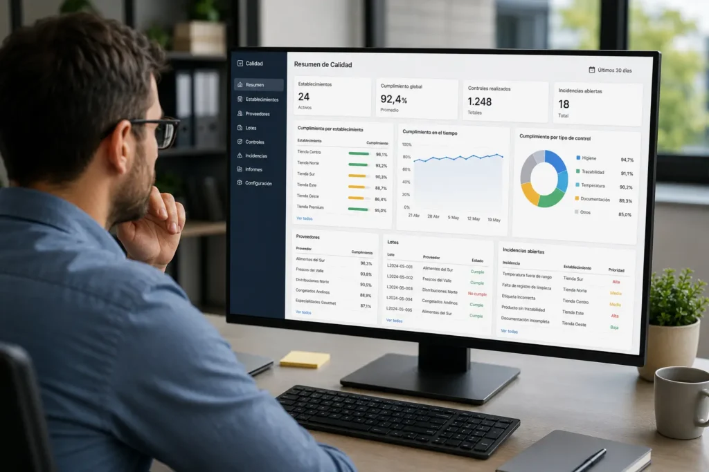 Responsable revisa registros de trazabilidad alimentaria, lotes e incidencias en un panel digital